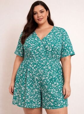 Papa Vancouver Floral Romper XL | Emerald Green Fit & Flare Skort Style NWT